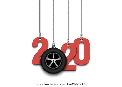 2020 New Year and car wheel as a Christmas decorations hanging on strings. 2020 hang on cords on an isolated background. Design pattern for greeting card. Vector illustration