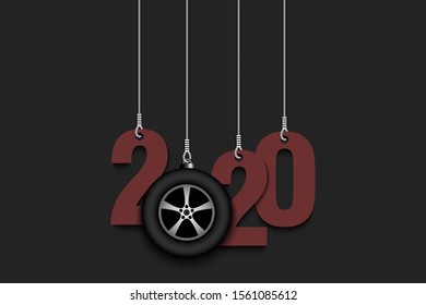 2020 New Year and car wheel as a Christmas decorations hanging on strings. 2020 hang on cords on an isolated background. Design pattern for greeting card. Vector illustration