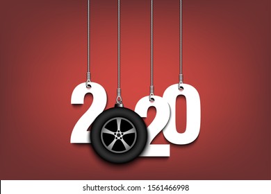 2020 New Year and car wheel as a Christmas decorations hanging on strings. 2020 hang on cords on an isolated background. Design pattern for greeting card. Vector illustration