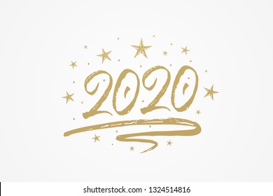 2020 new year card, banner. Beautiful greeting poster with calligraphy gold text word ribbon star. Hand drawn design elements. Handwritten modern brush lettering isolated backgroundvector