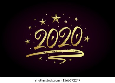 2020 new year card, banner. Beautiful greeting poster with calligraphy gold text word ribbon star. Hand drawn design elements. Handwritten modern brush lettering on black background isolated vector