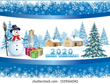 2020 New Year card Christmas tree and snowman with gifts on a background of a winter landscape with snowflakes. Vector illustration