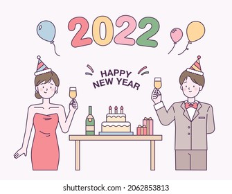 2020 new year card. A couple in dresses and suits are toasting with champagne. flat design style vector illustration.