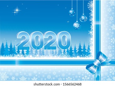 2020 New Year card with the date 2020 on a blue background with snowflakes and fir trees. Christmas decoration. Holiday background, poster. Vector illustration