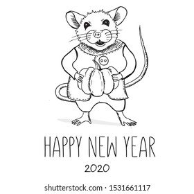 2020. New Year card. Mouse hand drawn illustration. 
