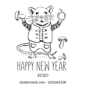 2020. New Year card. Mouse hand drawn illustration. 