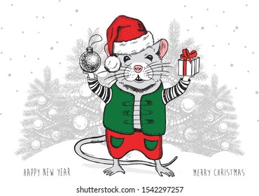 2020. New Year card. Mouse hand drawn illustration.