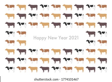 2020 New Year card. Year of the Ox. Vector illustration of cattle. Ox, cow, bull. Frame, background pattern.