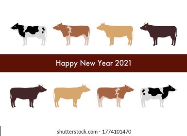 2020 New Year card. Year of the Ox. Vector illustration of cattle. Ox, cow, bull. 