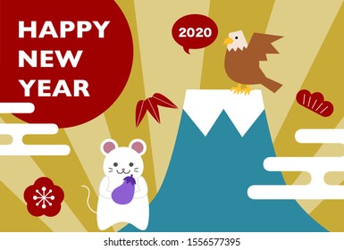 2020 New Year Card. Year of the rat, Year of the mouse. Vector illustration of mouse and Japanese lucky charm.
