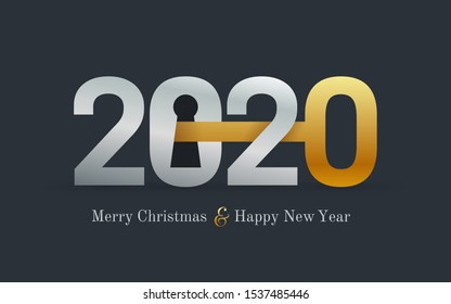 2020 new year card for real estate company. Happy new year 2020 concept with key and door lock. Realty. Vector illustration. Isolated on black background.