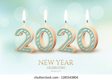 2020 New Year celebration horizontal design concept. Vector 2020 burning candles and New Year Celebration text on blurred blue background