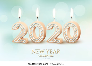2020 New Year celebration horizontal design concept. Vector 2020 yellow burning candles and New Year Celebration text on blurred blue background