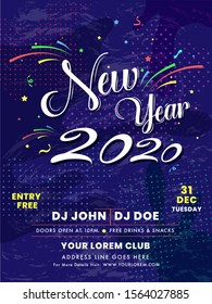 2020 New Year celebration invitation card or template design with event details on purple halftone effect background.