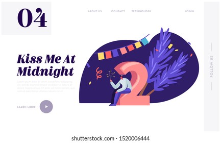 2020 New Year Celebration Website Landing Page. Winter Season Holidays Concept. Tiny Man with Sparkler Sit on Huge Number Two. Business or Home Party Web Page Banner. Cartoon Flat Vector Illustration