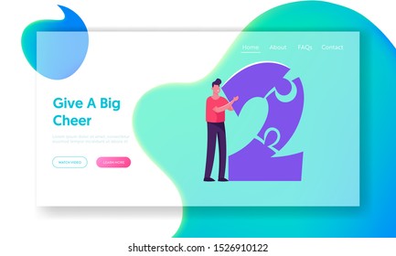 2020 New Year Celebration and Winter Season Holidays Website Landing Page. Man Holding Huge Number Two Made of Puzzle Pieces. Business or Home Party Web Page Banner. Cartoon Flat Vector Illustration