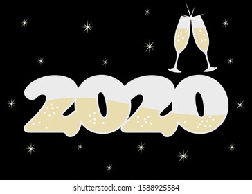 2020 New Year. Champagne in a shape of 2020. Design for calendar, seasonal holidays flyers, greeting cards, invitations, christmas themed congratulations or print. Vector illustration. 