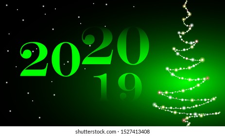 2020 New Year. The change of the year. 2019 is replaced by 2020. Christmas tree made of lights on green background. Congratulations on the New Year, wallpaper, poster or banner - vector illustration.