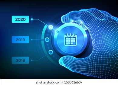 2020 new year change. Switch levels knob button on 2020. Wireframe hand setting calendar button on 2020 year position. Happy new year. New Year is coming concept. Vector illustration.