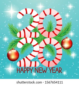 2020 New Year Christmas banner with fir branches and red balls on a winter blue background.