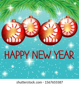 2020 New Year Christmas banner with fir branches and red balls on a winter blue background.