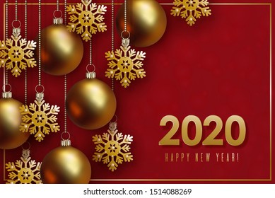 2020 New Year and Christmas design. Golden 3D balls and decorative snowflakes hang on gold chains on red background. Elegant vector banner