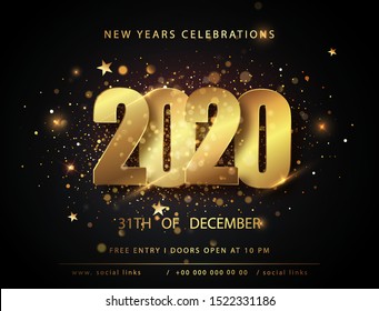 2020 New Year and Christmas posters. Vector illustration. Winter holiday invitations with gold shining   decorations. Golden Vector luxury text 2020 Happy new year. Gold Festive Numbers Design