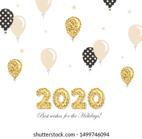 2020 New year and Christmas template with gold glitter balloons. For banners, posters and greeting cards. Vector illustration.