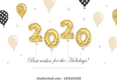 2020 New year and Christmas template with gold glitter balloons. For banners, posters and greeting cards. Vector illustration.