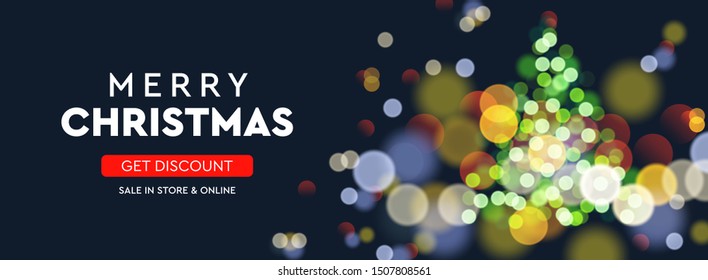 2020 New Year. Christmas tree sparkle blur bokeh effect horizontal background . Dark Xmas backdrop. Text Merry Christmas. Vector illustration for web banners invitation poster