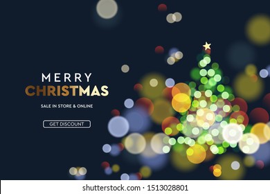 2020 New Year. Christmas tree sparkle blur bokeh effect background . Dark Xmas backdrop. Text Merry Christmas. Vector illustration for web banners invitation poster