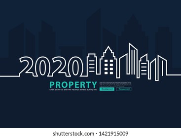 2020 new year city skyline line art creative design, With property management development idea concept, Vector illustration modern page cover layout template