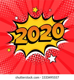 2020 Elemento postal o de tarjeta de felicitación estilo libro de historietas de Año Nuevo. Ilustración vectorial en estilo retro de arte pop.