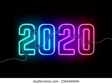 2020 New Year Concept with Colorful Neon Lights. Retro Design Elements for Presentations, Flyers, Leaflets, Posters or Postcards. Vector Illustration