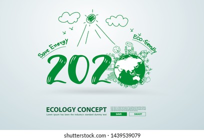 Año nuevo 2020 en el dibujo creativo tecnologías ecológicas y ecológicas, ahorro de energía, reciclaje ecológico. Diseño de plantilla de diseño de ilustración de vector