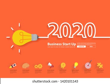 2020 new year with creative light bulb idea  design, Inspiration start up business plan, marketing strategy, teamwork, brainstorm concept, Vector illustration modern design layout template