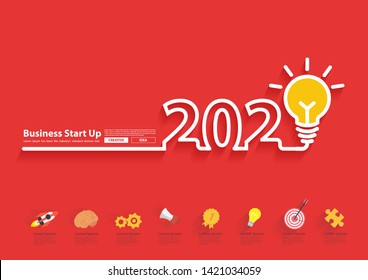 2020 new year with creative light bulb idea  design, Inspiration start up business plan, marketing strategy, teamwork, brainstorm concept, Vector illustration modern layout template