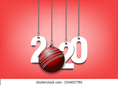 2020 New Year and cricket ball as a Christmas decorations hanging on strings. 2020 hang on cords on an isolated background. Design pattern for greeting card. Vector illustration