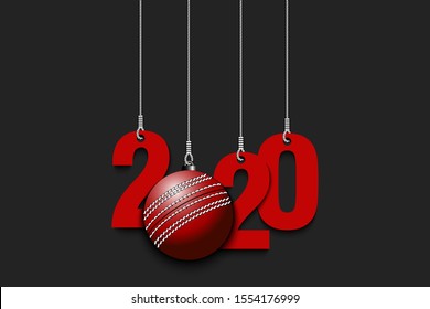 2020 New Year and cricket ball as a Christmas decorations hanging on strings. 2020 hang on cords on an isolated background. Design pattern for greeting card. Vector illustration