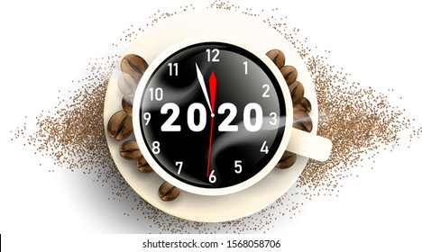 2020 new year in cup of coffee. Coffee bean roasting with powder. Clock of coffee concept. - Vector