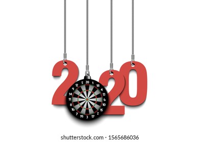 2020 New Year and dartboard as a Christmas decorations hanging on strings. 2020 hang on cords on an isolated green background. Design pattern for greeting card. Vector illustration