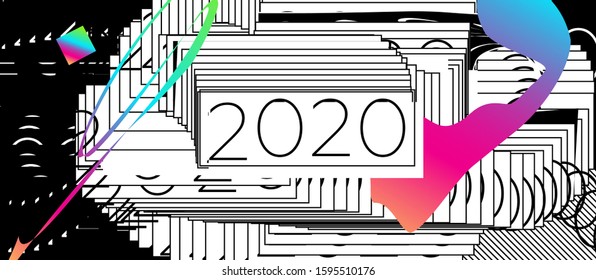 2020 New Year data corruption glitch art modern trendy style design for Christmas holiday poster, greeting card, invitation, banner or placard. Window error. Vector illustration