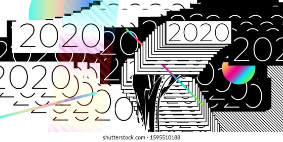 2020 New Year data corruption glitch art modern trendy style design for Christmas holiday poster, greeting card, invitation, banner or placard. Window error. Vector illustration