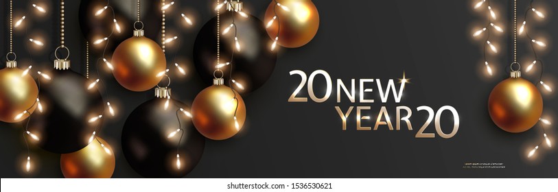 2020 New Year design. 3D garland of glowing lightbulb, black and golden 3d balls hang on gold chains on black background. Vector horizontal banner