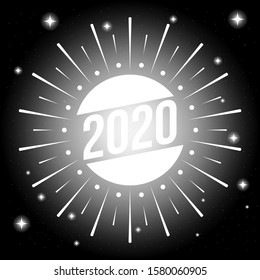 2020 new year design banner with firework explosion in black background. Night sky with star. Text number with glowing star particle in night sky