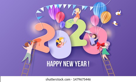 2020 New Year design card with kids on purple background. Vector illustration. Paper cut and craft style.