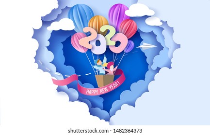 2020 New Year design card with kids in basket of air balloons flying on blue sky background with clouds heart shaped. Vector paper art illustration. Paper cut and craft style.