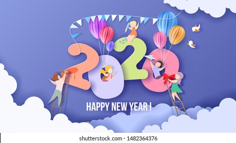 2020 New Year Design Card With Kids On Sky Background With Clouds. Vector Illustration. Paper Cut And Craft Style.