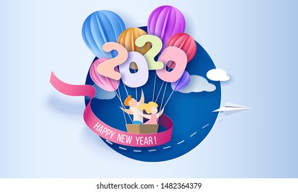 2020 New Year Design Card With Kids In Basket Of Air Balloons Flying On Blue Sky Hole Background. Vector Paper Art Illustration. Paper Cut And Craft Style.