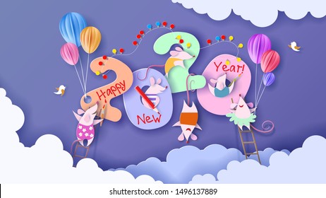 2020 New Year design card with rats mouses in clouds on purple background. Vector illustration. Paper cut and craft style.